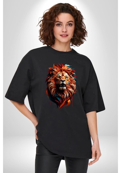 Renkli Kaplan Kükrüyor Pamuklu Bisiklet Yaka Unisex Oversize Boyfriend Dijital Baskılı Siyah T-shirt Siyah
