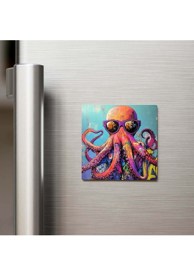 Octopus - Ahtapot - Güneş Gözlüklü Style - Buzdolap Magneti - 9x9 Cm