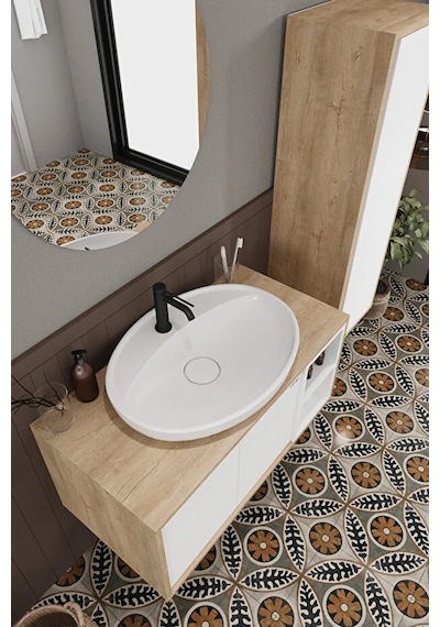 Gül Beyaz 90 Cm Banyo Dolabı Ayna Lavabo Boy Dolabı Beyaz