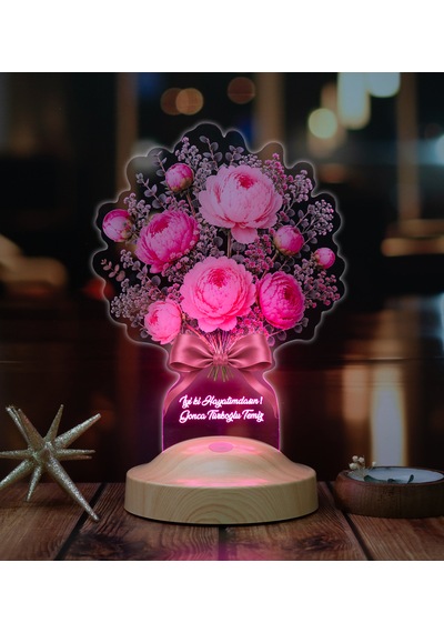 Pembe Şakayık Çiçek Buketi Led Lamba, Peony Şakayık Aranjmanı Kişiye Özel Sevgiliye Ve Kadına Zarif Hediye Pembe Şakayık Buketi