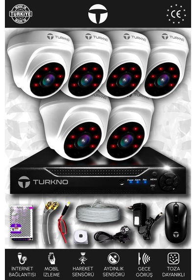 Turkno 6 Kameralı Domia 6 İç Kamera Set HDD'siz Full HD Gece Görüşlü Güvenlik Kamerası Sistemi