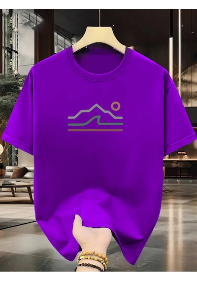 Unisex Güneşli Dağ Tasarım Basklı Tshirt Mor