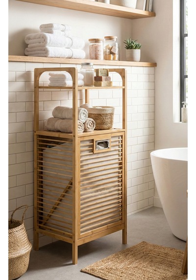 Doğal Bambu Kirli Sepetli 2 Raflı Çok Amaçlı Banyo Düzenleyici Çamaşır Sepeti Organizer Bej