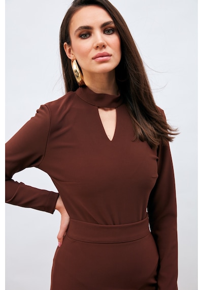 Sateen Sırt Detaylı Bodysuit Bluz - Kahve