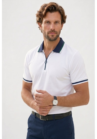 Tudors Erkek Slim Fit Dar Kesim %100 Pamuk Kısa Kollu Yarım Fermuarlı Beyaz Polo Yaka Tişört-50744
