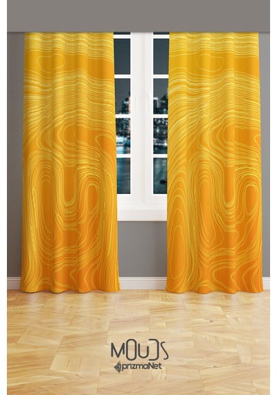 Yellow Wave Stile Desenli Süet Oturma Odası Salon Fon Perde Baskılı Ekstrafor Büzgü 2 Kanat Prd-1059 Çok Renkli
