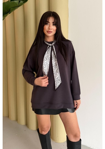 Balenbi Premium Modal Fular Detaylı Bisiklet Yaka Oversize Tunik 1177 Kahverengi
