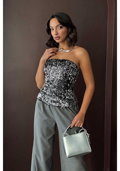 Ckm Moda Rubina Payetli Straplez Bluz Gümüş