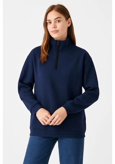 Mbb E-ticaret Kadın 3 İplik Pamuklu Dık Yaka Yarım Fermuarlı Sweatshirt - Lacivert
