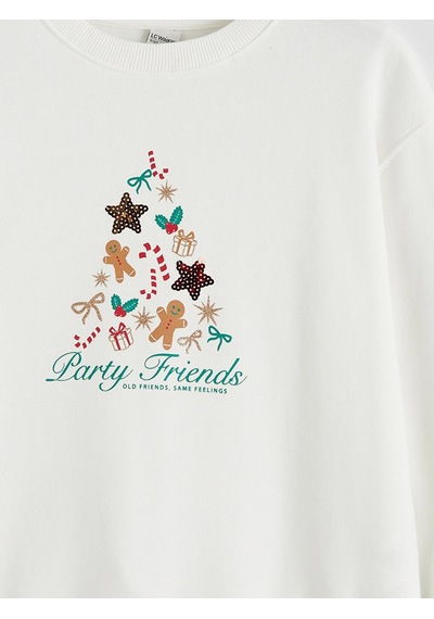 LC Waikiki Lcw Kids Ekru Yılbaşı Temalı Kız Çocuk Kalın Sweatshirt Ecru