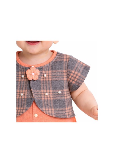 Chicsy Baby Kız Bebek Ekose Fiyonklu Elbise %100 Pamuklu Uzun Kollu Bebek Elbise Somon
