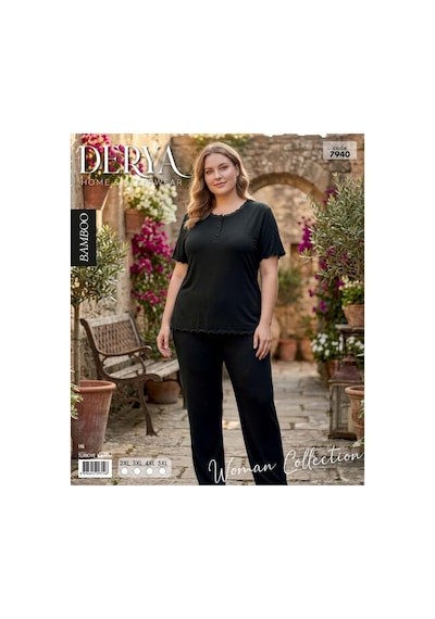 Derya Kadın Bambo Büyük Beden Düğme Yaka İnce Kısa Kol Pijama Takımı 7940 - 1 Adet Siyah
