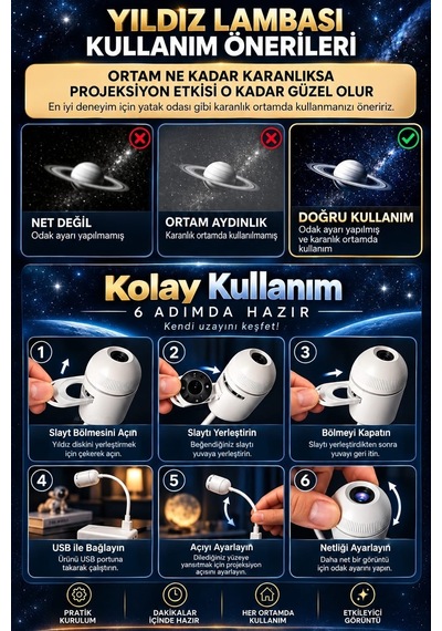 Mighty 24 Farklı Desenli Usb Led Projektör Gece Lambası 360 Derece Ayarlanabilir Yıldız Galaksi