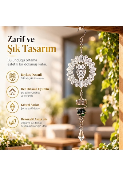 Baykuş Desenli Dekoratif Rüzgar Çanı 36 Cm Metal Gövdeli Kristal Sarkıtlı Balkon Bahçe Pencere Süsü