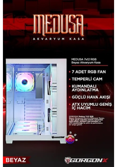 Gorgon-x Medusa-v2 7x120mm Argb Fanlı & 650w 80+ Power Supply Lı Akvaryum Oyuncu Kasası
