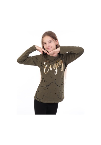 Toontoy Kids Toontoy Kız Çocuk Varaklı Enjoy Baskılı T-shirt Haki
