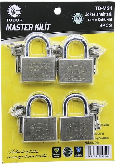 Tudor Td-ms4 Master 4pcs Joker Anahtarlı Tek Anahtarla 4 Kilit Aç 60mm - Gri Kısa Kancalı Çelik Asm