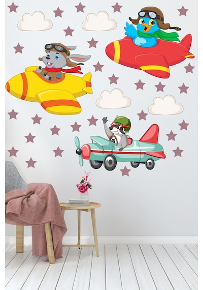 Sevimli Pilot Hayvanlar ve Yıldızlar Çocuk Odası Duvar Sticker
