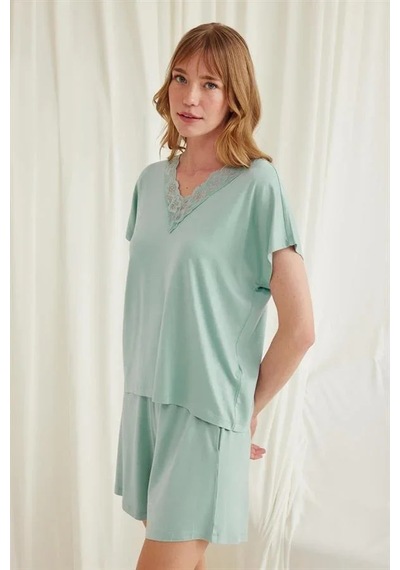 Ang Butik Kadın Kısa Kollu Dantelli V Yaka Viskon Şort Takımı Açık Yeşil