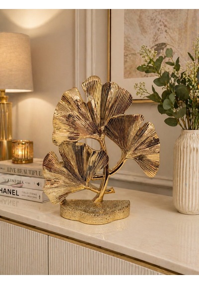 Duygu Ve Yaşam Tarzı Odaklı Gold Ginkgo Yaprağı Lüks Dekoratif Metal Biblo Heykel Obje 29 Cm X 23 Cm Sarı