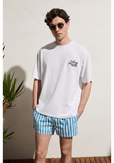 Grimelange Calıdo Erkek Organik Pamuklu Baskı Ve Nakışlı Bisiklet Yaka Oversıze Beyaz T-shirt Beyaz