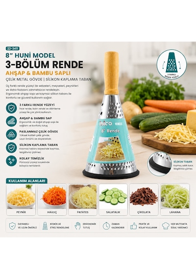 8 İnç - Huni Model Ahşap - Bambu Saplı Metal Rende Silikon Tabanlı 50001 002 Kırmızı