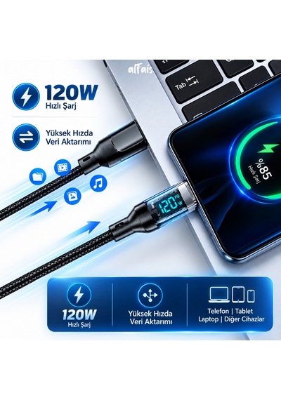 Alfais 6058 Usb Type C Hızlı Telefon Data Şarj Kablosu Led Ekranlı Dijital 120w Veri Kablosu 2 Metre
