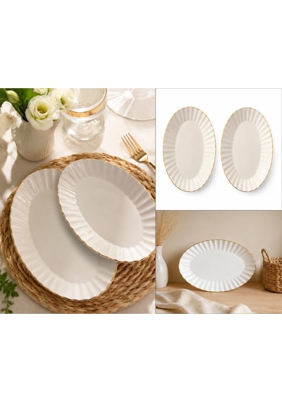 Oval Porselen Tabak Seti, Altın Kenarlı, Krem Rengi, 2'li Salata Meze Tabağı Sofra Şık Sunum Servis Kahvaltılık Atıştırmalık Çerez Seramik İnce Altın Detaylı 32x13 Çok Renkli
