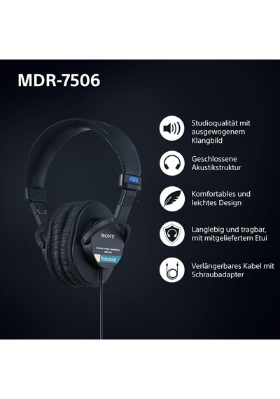 Sony Mdr-7506 Arkası Kapalı Kablolu Stüdyo Monitör Kulaklıkları 10hz-20khz 63 Ohm Hafif Katlanabilir Tasarım 227g Stüdyo Kayıt Ve Miksleme İçin İdeal Siyah Taşıma Çantasıyla