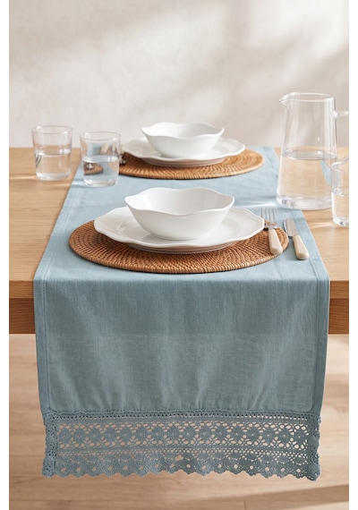 Mineral Blue Lacy Pamuklu Dantelli Runner 40x150 Cm Mavi
