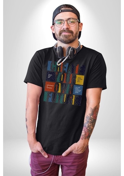 Geleçeği Seninle Planlayalım Unisex Unisex Siyah Organik Baskılı T-shirt Penye Yüksek Kalite Siyah