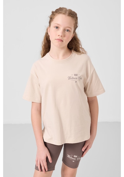 Tommylife Bej-kahverengi Pamuklu O Yaka Standart Fit Baskılı Kız Çocuk Tayt Takım - 75190 Bej