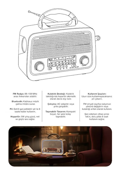 Bluetooth Nostaljik Speaker Fm/am/sw Radyo Şarj Edilebilir Aydınlatmalı Retro Hoparlör