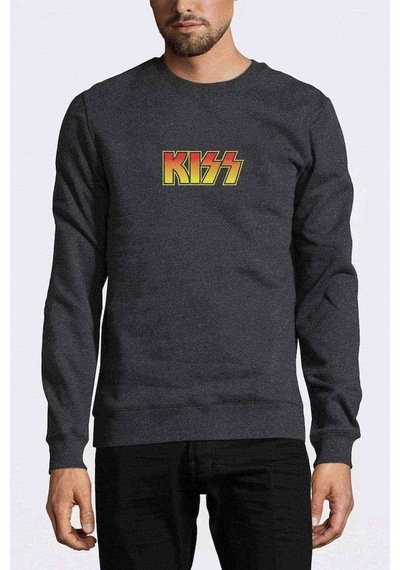 Kiss Logo Baskılı Füme Antrasit Erkek Örme Sweatshirt