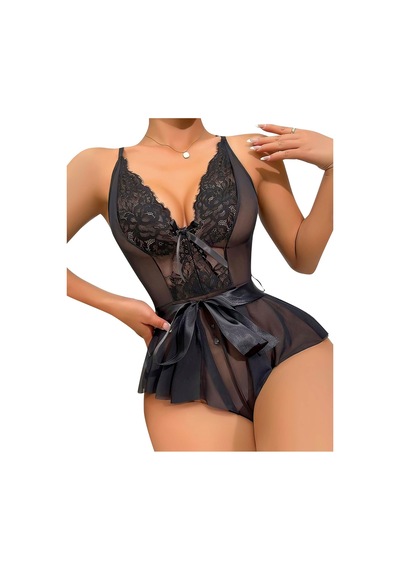 Lily Biancaa Kadın Dantelli Beli Kuşaklı Tül Babydoll Fantezi Gecelik Siyah