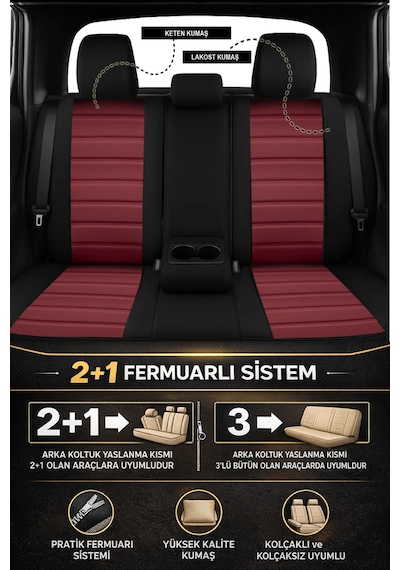 Premium Serisi Lüks Keten Üniversal Oto Koltuk Kılıfı - 5 Koltuk Tam Set Bordo