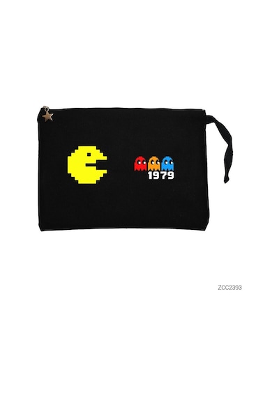 Zepplin Giyim Pac-Man Pixel Siyah Clutch Astarlı Cüzdan / El Çantası