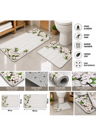 Dijital Baskılı 2 Li Set Banyo Paspası Kaymaz Tabanlı Klozet Takımı Beyaz