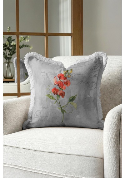 Vintage Çiçek Botanik Saçaklı Yastık Kılıfı - Nostaljik Floral Gri Krem Püsküllü Kırlent Kılıfı Gri