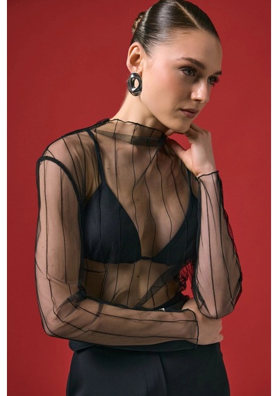 Sateen Çizgili Transparan Bluz Siyah