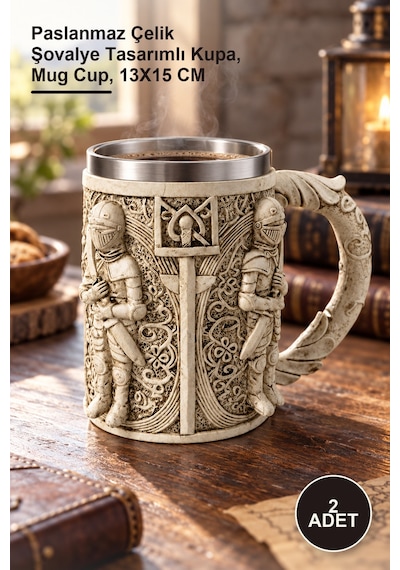 2 Adet Şovalye Kupa Bardak Paslanmaz Çelik Şovalye Tasarımlı Kupa, Mug Cup, 13x15 Cm