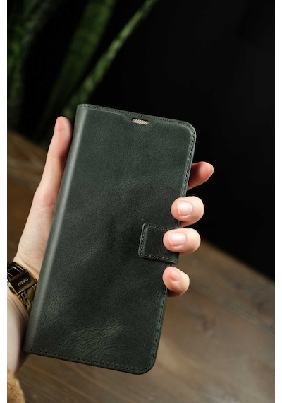 Oppo A6t Hakiki Deri Cüzdanlı Kapaklı Kaliteli Lüks Cüzdan Kılıf Haki