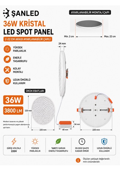 36w Kristal Beyaz Işık Led Spot Panel 3800 Lümen 2-22 Cm Ayarlanabilir Çaplı Tavan Aydınlatma 4 Adet