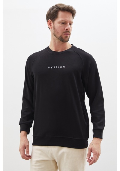 Fullamoda Baskılı Bisiklet Yaka Modal Sweatshirt Siyah