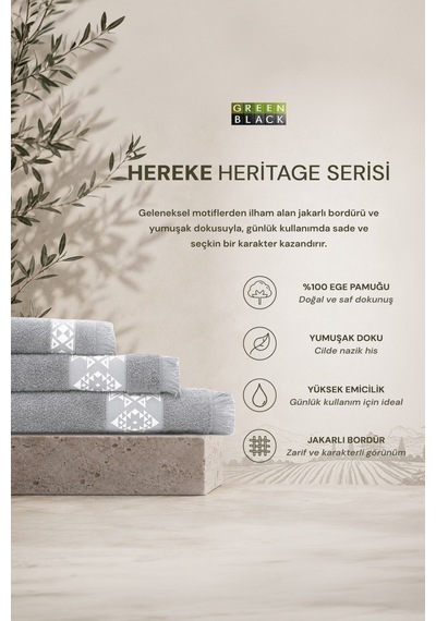 Hereke Heritage Serisi 3 Lü Havlu Seti Krem Bordürlü Gri, %100 Ege Pamuğu, Jakarlı Dokuma, 3 Parça Havlu Seti