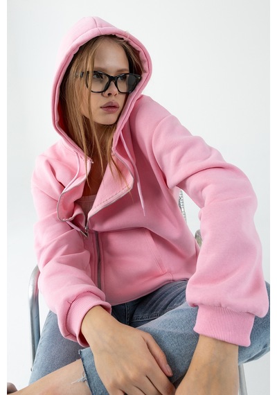 Giysa Kadın Kapüşonlu Fermuarlı Şardonlu 3ip Sweatshirt Pembe - 9015 - 264401 Pembe