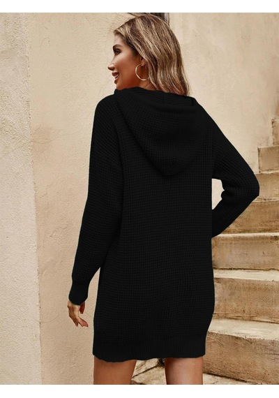 Aqe Fashion Triko Kapüşonlu Uzun Kollu Tunik Siyah Elbise Siyah