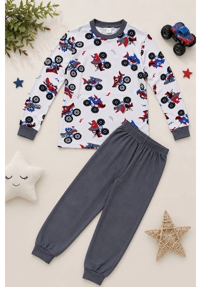 Ertaş Trend Store Erkek Çocuk Premium Penye Canavar Araba Desenli Uzun Kollu Pijama Takımı 2-11 Yaş - Füme Çok Renkli