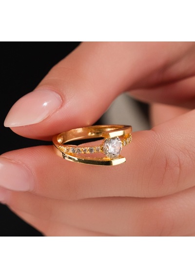 Zirkon Taşlı Çelik Tek Taş Alyans, Kararmaz Altın Renk, Parlak Ve Zarif Model Çelik Yüzük 18 Numara / 19 Mm