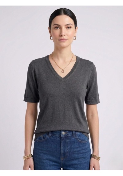 Neden Tekstil Kadın V Yaka Kısa Kollu Basic T-shirt - Antrasit